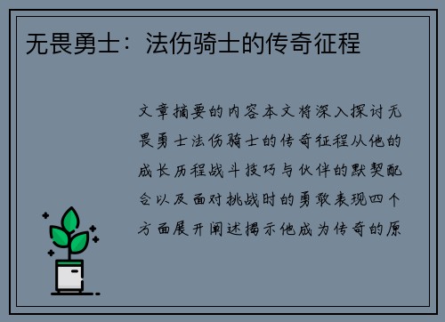 无畏勇士：法伤骑士的传奇征程